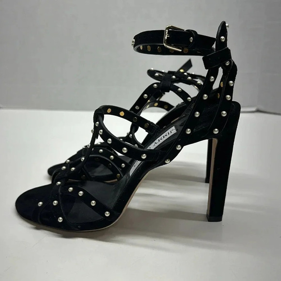 Jimmy Choo Beverly Caged High Heels Faux Pearl Studded Suede Black Size 37 7 - Picture 2 of 12